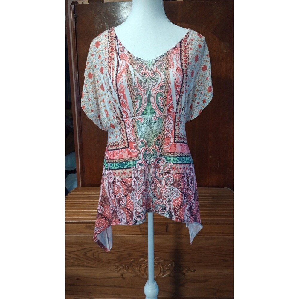 Cup and the Curve Size S Sheer Chiffon Kimono Sleeve Paisley Tunic Top Boho Y2K